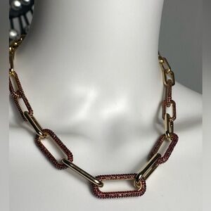 WHBM GP brass paperclip choker necklace with red Siam crystals.